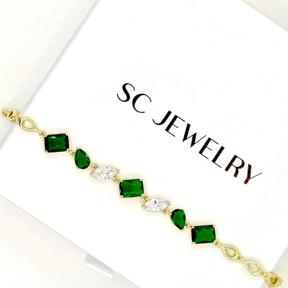 14K Gold Plated Emerald Green & Marquise CZ Tennis Bracelet – Dainty Jewelry
